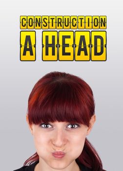 Young girl head looking with gesture at idea type of sign