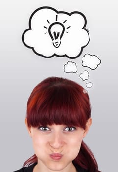 Young girl head thinking about white clouds