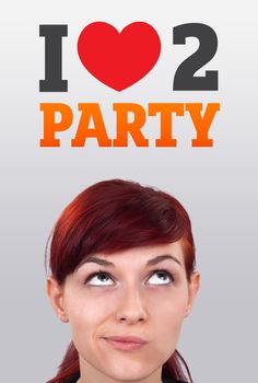 Young girl head looking with gesture at party icons and sign