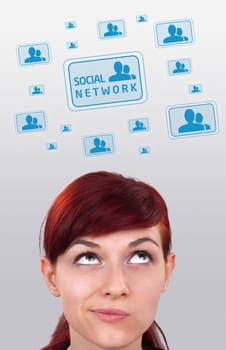 Young girl head looking with gesture at social type of icons and signs