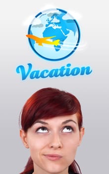 Young girl head looking with gesture at vacation type of sign