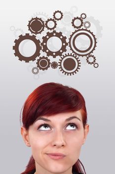 Young girl head looking with gesture at idea type of sign