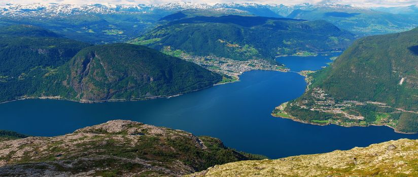 View of Sogndal and Sognefjord from Storhaugen mountain, Norway