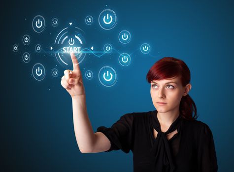 Businesswoman pressing simple start buttons on a virtual background