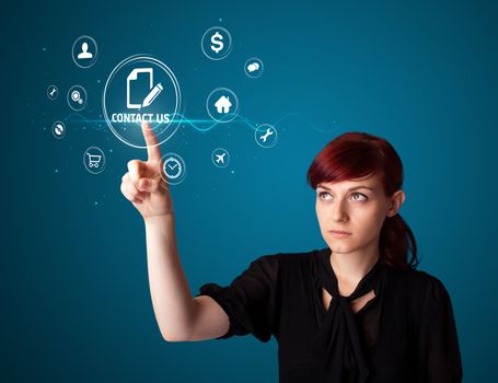 Businesswoman pressing messaging type of modern icons with virtual background