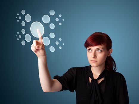 Businesswoman pressing high tech type of modern buttons on a virtual background