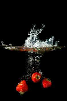 Colored red paprika in water splashes on black background