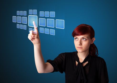 Businesswoman pressing high tech type of modern buttons on a virtual background