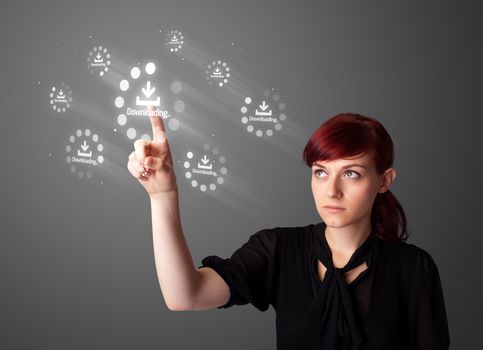 Businesswoman pressing simple start buttons on a virtual background