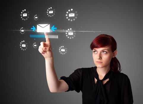 Businesswoman pressing messaging type of modern icons with virtual background