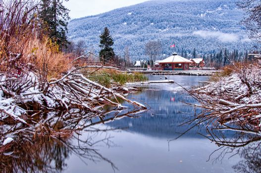 Whistler float plane base reflected in Green Lake