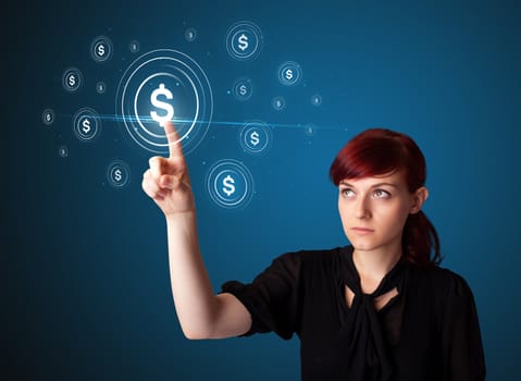 Businesswoman pressing business type of modern buttons with virtual background