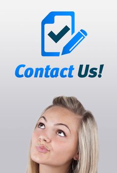 Young girl head looking with gesture at support contact type of icons and signs
