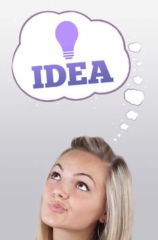 Young girl head looking with gesture at idea type of sign