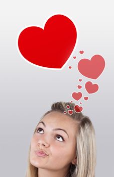 Young girl head looking with gesture at love signs