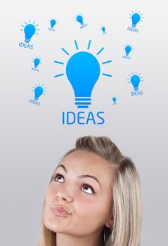 Young girl head looking with gesture at idea type of sign