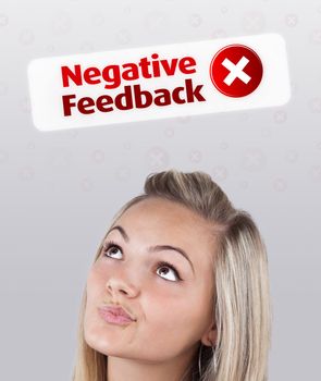 Young girl head looking with gesture at positive negative signs