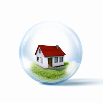 A residential house with red roof inside a glass sphere