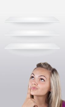Young girl head looking at white copyspace