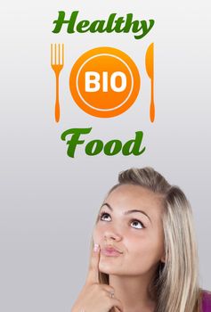 Young girl head looking with gesture at healthy food sign