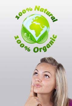 Young girl head looking at green eco sign