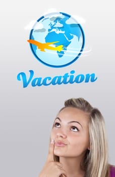 Young girl head looking with gesture at vacation type of sign