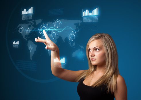 Businesswoman pressing high tech type of modern buttons on a virtual background