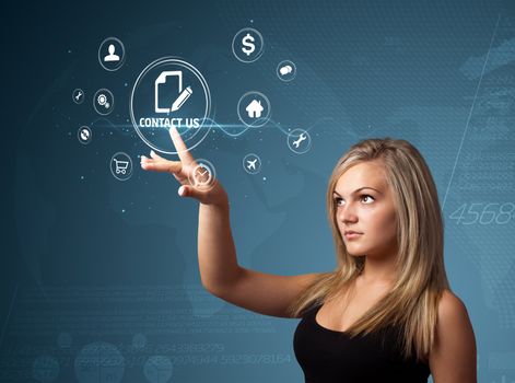 Businesswoman pressing messaging type of modern icons with virtual background
