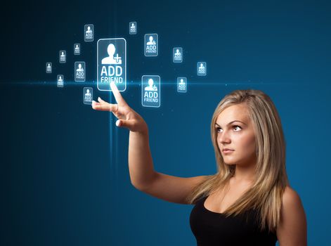 Businesswoman pressing modern social buttons on a virtual background