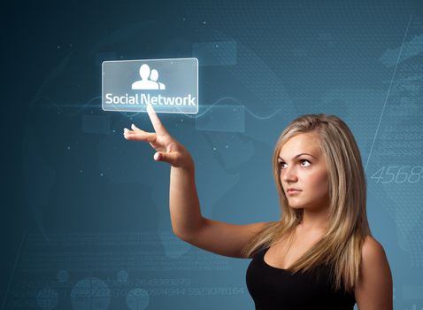 Businesswoman pressing modern social buttons on a virtual background