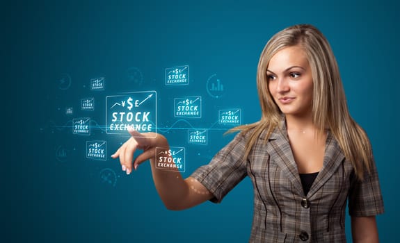 Businesswoman pressing business type of modern buttons with virtual background