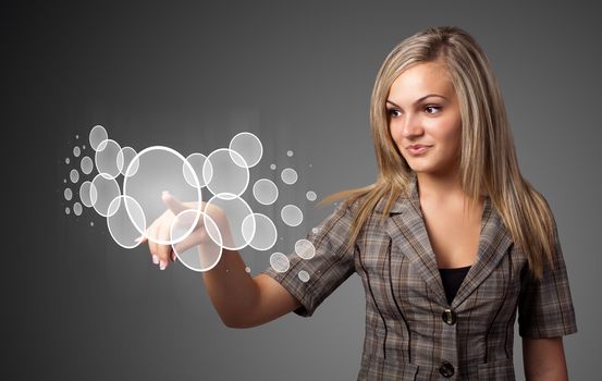 Businesswoman pressing high tech type of modern buttons on a virtual background