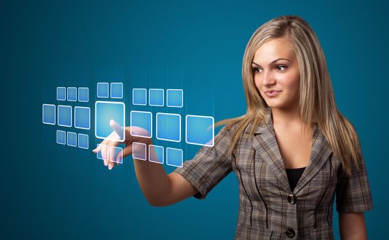 Businesswoman pressing high tech type of modern buttons on a virtual background