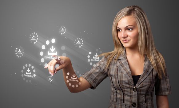 Businesswoman pressing simple start buttons on a virtual background