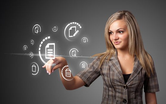 Businesswoman pressing messaging type of modern icons with virtual background