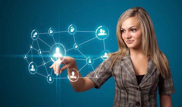 Businesswoman pressing modern social buttons on a virtual background