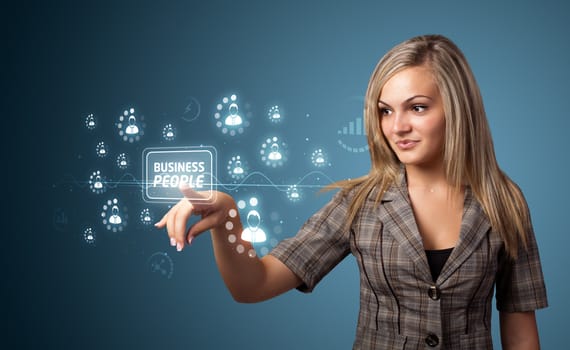 Businesswoman pressing business type of modern buttons with virtual background