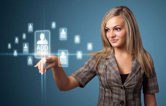 Businesswoman pressing modern social buttons on a virtual background