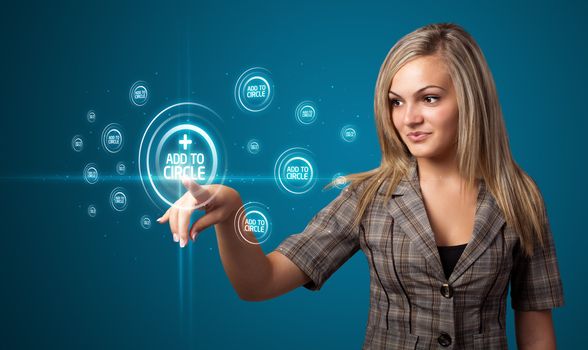Businesswoman pressing modern social buttons on a virtual background
