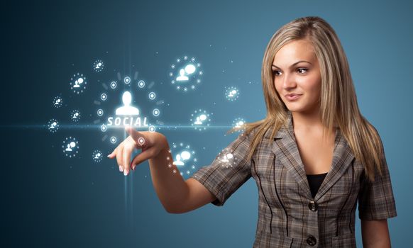 Businesswoman pressing modern social buttons on a virtual background