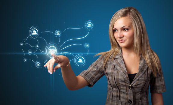 Businesswoman pressing modern social buttons on a virtual background
