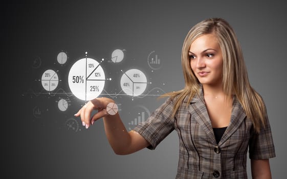 Businesswoman pressing business type of modern buttons with virtual background