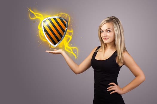 Young woman holding virtual shield sign