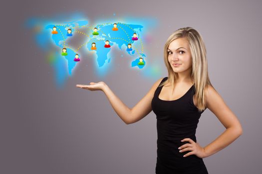 Beautiful Young woman holding virtual map