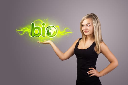 Young woman holding virtual eco sign