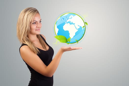 Young woman holding virtual eco sign