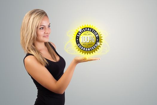 Young woman holding virtual business sign