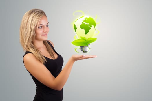 Young woman holding virtual eco sign
