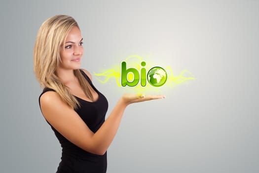 Young woman holding virtual eco sign