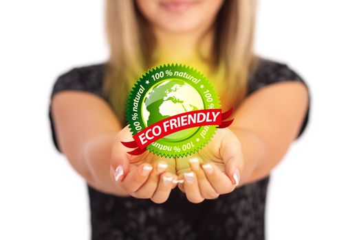 Woman hands holding ECO sign, Concept Save green planet. Symbol of environmental protection